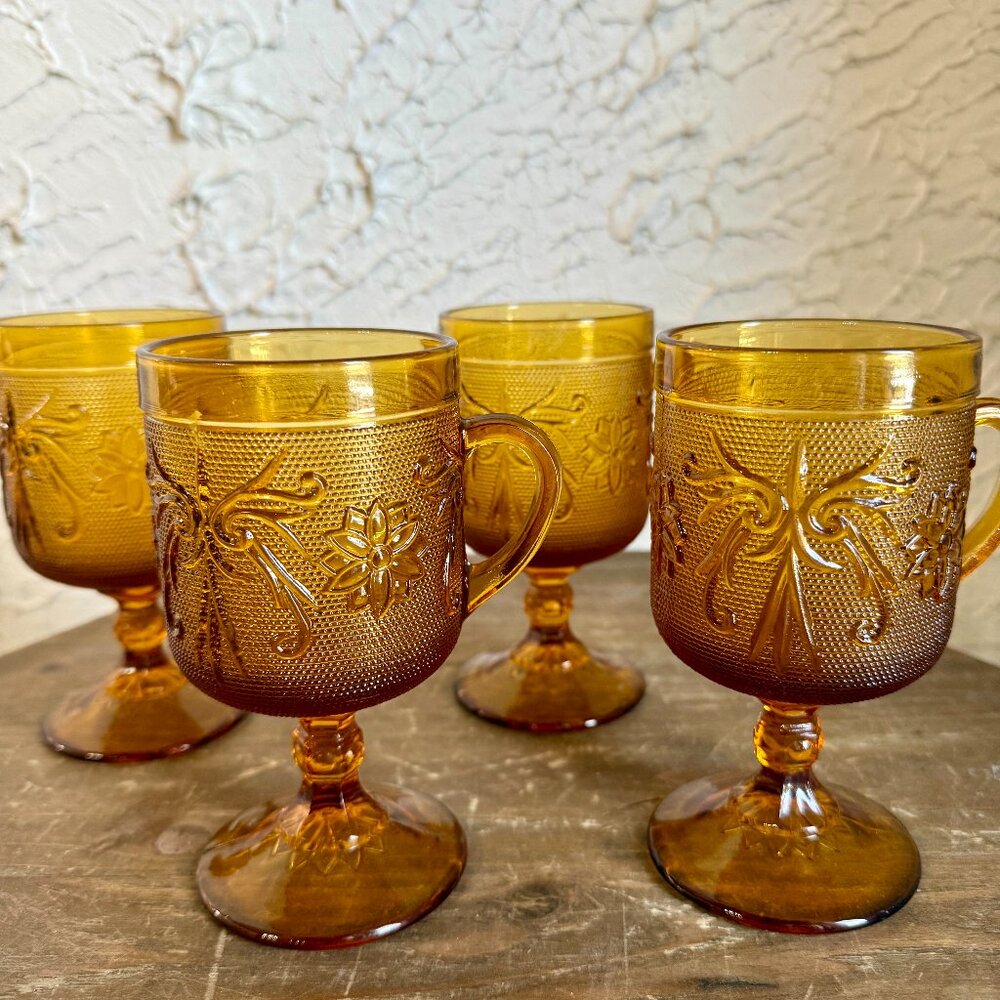 Vintage Amber Glass Footed Mugs | Daisy & Button Indiana Glass | Set of 4 Goblet